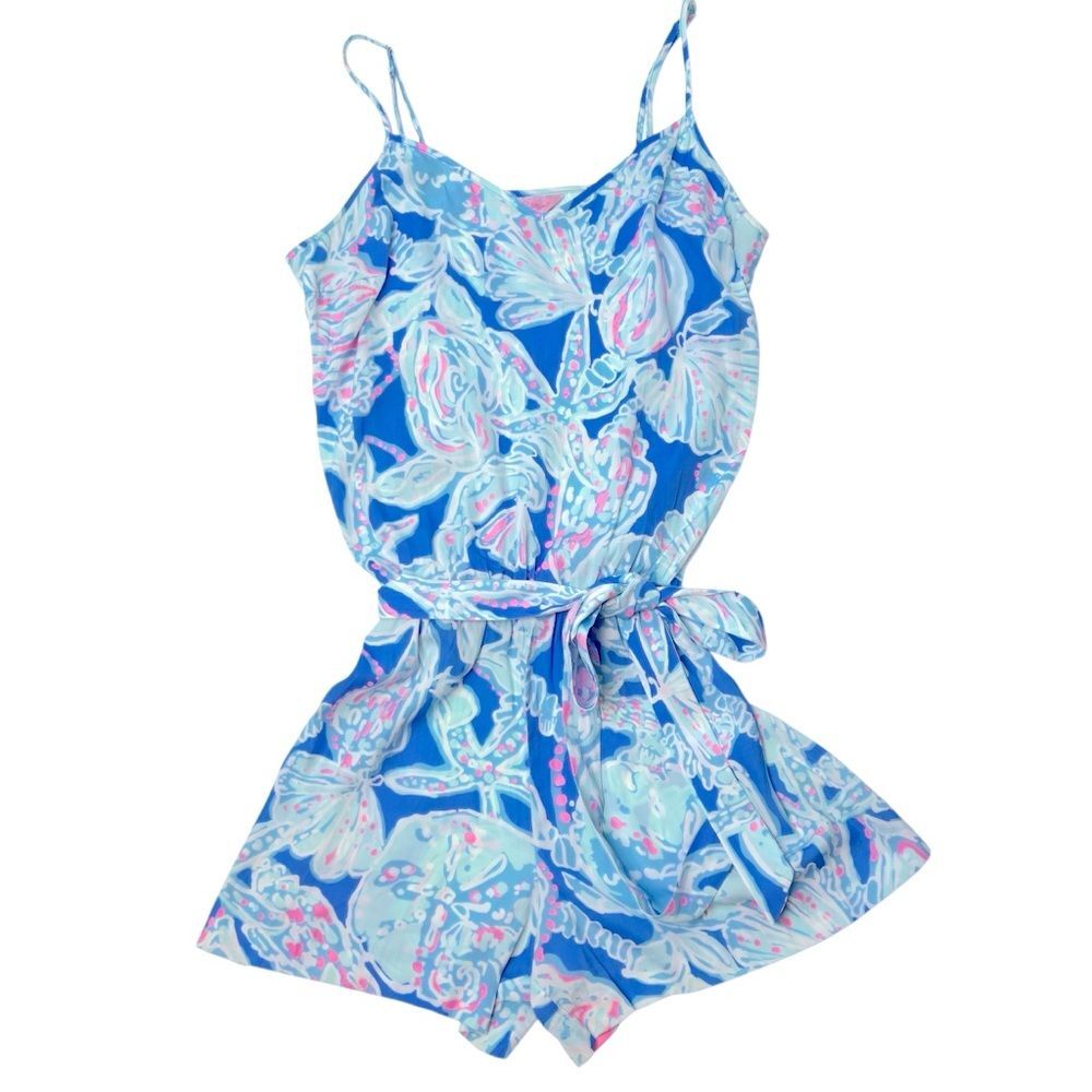 Lilly Pulitzer Deanna Romper Bay Blue Into The Deep Print Belted Women's Size S